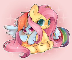 Size: 1500x1247 | Tagged: safe, artist:snow angel, character:fluttershy, character:rainbow dash, species:pegasus, species:pony, ship:flutterdash, chest fluff, cute, dashabetes, female, gradient background, jealous, lesbian, looking at you, mare, scrunchy face, shipping, shyabetes, sparkles