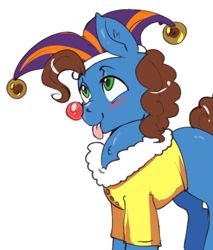 Size: 500x588 | Tagged: safe, artist:mrscurlystyles, oc, oc only, oc:silly scribe, species:pony, blep, clothing, clown nose, cute, hat, jester hat, silly, silly pony, tongue out