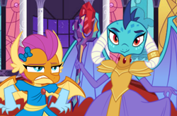 Size: 1214x800 | Tagged: safe, artist:emositecc, artist:queencold, artist:wild-hearts, character:princess ember, character:smolder, species:dragon, annoyed, bloodstone scepter, bow, clothing, dragon lord ember, dragoness, dragonlord, dragons wearing clothes, dress, duo, female, gala dress, gloves, grimace, hilarious in hindsight, horn ring, looking at you, princess smolder, smiling, smolder also dresses in style