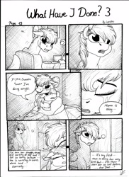 Size: 2550x3506 | Tagged: safe, artist:lupiarts, oc, oc only, oc:camilla curtain, oc:chess, oc:sally, comic:what have i done, black and white, comic, crying, daughter, dialogue, female, grayscale, hug, monochrome, mother, sad, sisters, speech bubble, traditional art