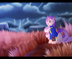 Size: 2500x2042 | Tagged: safe, artist:fkk, oc, oc:sumac spirit, species:pony, species:unicorn, colored sketch, commission, curved horn, fallout, female, game, gradient hair, mare, pipboy, sitting, smiling, solo, thunder, ych result