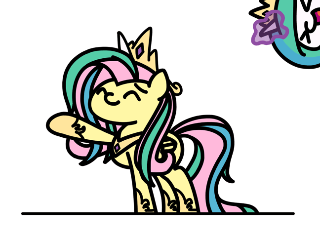 Size: 648x486 | Tagged: safe, artist:flutterluv, character:fluttershy, character:princess celestia, species:alicorn, species:pegasus, species:pony, episode:horse play, g4, my little pony: friendship is magic, animated, chibi, cosplay, costume, crown, cute, cutelestia, eyes closed, fake horn, female, glowing horn, jewelry, magic, mare, open mouth, raised hoof, regalia, shyabetes, shylestia, smiling, sun