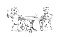 Size: 1280x768 | Tagged: safe, artist:captainhoers, oc, oc only, oc:byzantium guidance, oc:skyfall, species:anthro, species:plantigrade anthro, species:pony, species:unicorn, anthro oc, boots, breasts, chair, cleavage, clothing, conversation, cravat, crossed legs, cyberpunk, cyborg, duo, female, food, high heels, hologram, monochrome, shoes, sketch, spypone, suit, table, tea