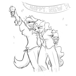 Size: 1280x1280 | Tagged: safe, artist:captainhoers, oc, oc only, oc:emerald isle, oc:skyfall, species:anthro, species:pony, species:unicorn, alcohol, celebration, clothing, cravat, drunk, drunk bubbles, duo, duo female, female, glass, happy new year, holiday, monochrome, pants, shirt, sketch, spypone