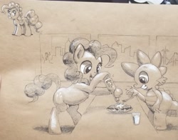Size: 2891x2268 | Tagged: safe, artist:gsphere, character:pinkie pie, character:spike, species:dragon, species:pony, bipedal, bipedal leaning, duo, female, food, grayscale, hoof hold, hot sauce, leaning, male, mare, monochrome, skyline, traditional art