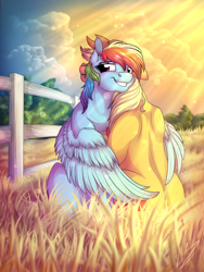 Size: 3000x4000 | Tagged: safe, artist:lupiarts, character:applejack, character:rainbow dash, species:earth pony, species:pegasus, species:pony, ship:appledash, butt touch, color porn, crepuscular rays, cute, dashabetes, feathermarking, female, fence, grass, hug, lesbian, mare, never doubt tchernobog's involvement, shipping, sitting, winghug
