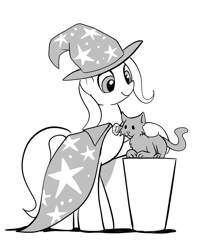 Size: 1047x1332 | Tagged: safe, artist:gsphere, character:trixie, species:pony, species:unicorn, cat, female, grayscale, mare, monochrome, petting, simple background, white background