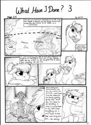 Size: 2550x3506 | Tagged: safe, artist:lupiarts, oc, oc only, oc:camilla curtain, oc:chess, oc:ron nail, oc:sally, comic:what have i done, black and white, comic, cuddling, daughters, equestria, family, female, germaneigh, grayscale, happy, map, monochrome, ocean, pun, sisters, sitting, smiling, traditional art