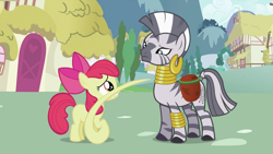 Size: 993x559 | Tagged: safe, artist:capnpea, edit, edited screencap, screencap, character:apple bloom, character:zecora, species:earth pony, species:pony, species:zebra, duo, ear piercing, earring, female, filly, fimbriae, jewelry, leg rings, mare, neck rings, piercing, wat