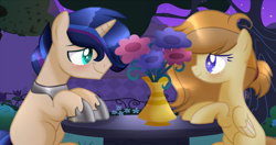 Size: 1500x790 | Tagged: safe, artist:sugaryicecreammlp, base used, oc, oc only, oc:ivory buttercup, oc:prince eclipse, species:pegasus, species:pony, species:unicorn, blushing, clothing, cute, female, flower, looking at each other, male, mare, oc x oc, shipping, shoes, stallion, straight, vase