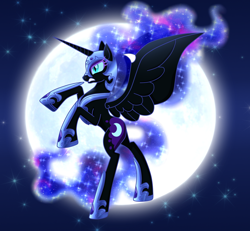 Size: 1260x1162 | Tagged: safe, artist:sugaryicecreammlp, character:nightmare moon, character:princess luna, species:alicorn, species:pony, armor, ethereal mane, female, full moon, galaxy mane, mare, moon, night, rearing, side view, solo
