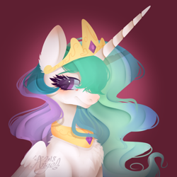 Size: 1000x1000 | Tagged: safe, artist:snow angel, character:princess celestia, species:alicorn, species:pony, chest fluff, crown, cute, cutelestia, female, hair over one eye, jewelry, mare, regalia, signature, smiling, solo