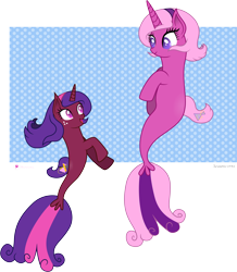 Size: 8946x10249 | Tagged: safe, artist:illumnious, oc, oc only, oc:aura midnight, oc:flares midnight, species:pony, species:seapony (g4), species:unicorn, absurd resolution, anatomically incorrect, female, hairband, incorrect leg anatomy, seaponified, simple background, species swap, transparent background, vector