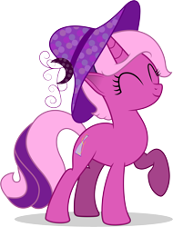 Size: 5665x7439 | Tagged: safe, artist:illumnious, oc, oc only, oc:flares midnight, species:pony, species:unicorn, absurd resolution, clothing, eyes closed, female, hat, mare, raised hoof, simple background, smiling, solo, transparent background, vector