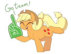 Size: 2600x2000 | Tagged: safe, artist:notenoughapples, character:applejack, species:earth pony, species:pony, clothing, cowboy hat, eyes closed, female, foam finger, hat, hoof hold, mare, simple background, smiling, solo, transparent background
