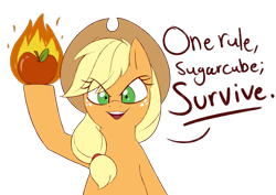 Size: 1979x1403 | Tagged: safe, artist:notenoughapples, character:applejack, species:earth pony, species:pony, apple, appleball, burning, clothing, cowboy hat, dialogue, female, fire, food, hat, looking at you, simple background, smiling, solo, some mares just want to watch the world burn, stetson, transparent background