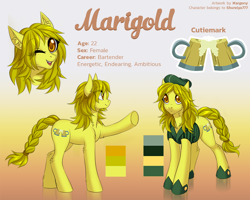 Size: 1250x1000 | Tagged: safe, artist:margony, oc, oc only, oc:marigold, species:earth pony, species:pony, commission, cutie mark, digital art, female, mare, one eye closed, reference sheet, tail band, wink