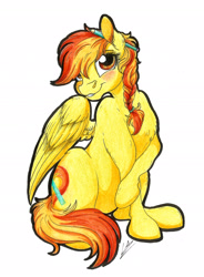 Size: 1702x2314 | Tagged: safe, artist:lupiarts, oc, oc only, braid, commission, female, not spitfire, signature, simple background, sitting, solo, traditional art, white background
