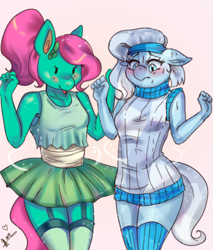 Size: 1700x2000 | Tagged: safe, artist:mrscurlystyles, oc, oc only, oc:azur lachrimae, oc:💚, species:anthro, species:crystal pony, species:earth pony, species:pony, species:unguligrade anthro, anthro oc, blushing, clothes swap, clothing, dress, female, kneesocks, simple background, socks, sweater, tongue out
