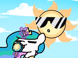 Size: 1800x1350 | Tagged: safe, artist:flutterluv, character:princess celestia, species:alicorn, species:pony, candy, cloud, eating, eyes closed, female, food, glowing horn, lollipop, magic, mare, sky, solo, sun, sunglasses, telekinesis