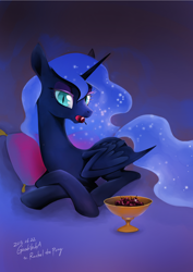 Size: 2480x3508 | Tagged: safe, artist:gashiboka, character:nightmare moon, character:princess luna, species:alicorn, species:pony, cherry, female, food, mare, mouth hold, prone, slit eyes