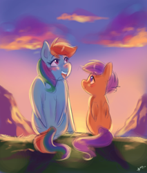 Size: 1700x2000 | Tagged: safe, artist:mrscurlystyles, character:rainbow dash, character:scootaloo, species:pegasus, species:pony, backlighting, cloud, cute, cutealoo, duo, female, filly, looking up, mare, scootalove, sitting, smiling, sunset