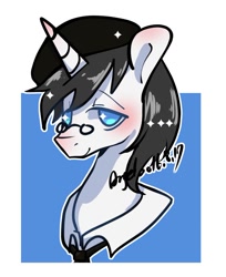 Size: 774x947 | Tagged: safe, artist:snow angel, oc, oc:schwarz, species:pony, species:unicorn, bust, clothing, collar, glasses, hat, looking at you, male, smiling, stallion
