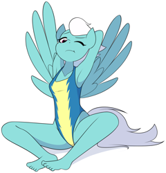 Size: 2510x2611 | Tagged: safe, artist:furrgroup, character:fleetfoot, species:anthro, species:pegasus, species:plantigrade anthro, species:pony, :t, arm behind head, armpits, barefoot, clothing, cute, diafleetes, feet, female, mare, one eye closed, one-piece swimsuit, simple background, sitting, solo, stretching, swimsuit, uniform, white background, wonderbolts swimsuit, wonderbolts uniform