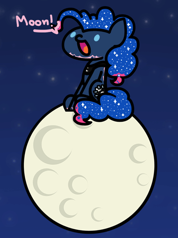 Size: 365x487 | Tagged: safe, artist:flutterluv, character:pinkie pie, character:princess luna, species:earth pony, species:pony, series:flutterluv's full moon, animated, disguise, excited, fake cutie mark, female, full moon, impersonating, moon, paint, solo, tangible heavenly object