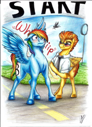 Size: 2550x3506 | Tagged: safe, artist:lupiarts, character:rainbow dash, character:spitfire, species:pegasus, species:pony, ship:spitdash, blushing, clothing, female, flank, lesbian, mare, plot, shipping, smack, spread wings, startled, traditional art, whip, whipping, wings