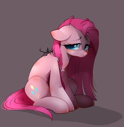 Size: 976x1000 | Tagged: safe, artist:snow angel, character:pinkamena diane pie, character:pinkie pie, species:earth pony, species:pony, bent, bent back, big eyes, depressed, female, floppy ears, fluffy, frontbend, frown, gray background, huge eyes, lidded eyes, mare, neck fluff, sad, shoulder fluff, simple background, sitting, solo