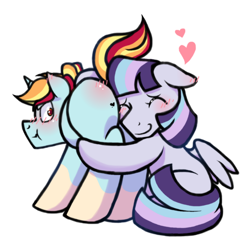Size: 1000x1000 | Tagged: safe, artist:paperbagpony, oc, oc:cloud steel, oc:star gaze, species:pegasus, species:pony, species:unicorn, blushing, butt touch, butthug, couple, faceful of ass, female, heart, hug, male, mole, straight