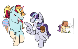 Size: 1600x1000 | Tagged: safe, artist:paperbagpony, oc, oc only, oc:cloud steel, oc:paper bag, oc:star gaze, species:earth pony, species:pegasus, species:pony, species:unicorn, bad luck, couple, dropped ice cream, female, food, funny, group, ice cream, mare, paper bag, wing hands