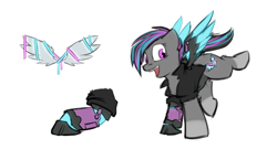 Size: 3075x1788 | Tagged: safe, artist:captainhoers, oc, oc only, oc:keyphrase, species:pegasus, species:pony, amputee, augmented, biohacking, clothing, commission, cutie mark, cyberpunk, cyborg, female, jacket, multicolored hair, neon, prosthetic limb, prosthetic wing, prosthetics, reference sheet, simple background, solo, transparent background, wings