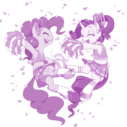 Size: 1100x1100 | Tagged: safe, artist:dstears, character:pinkie pie, character:rarity, species:earth pony, species:pony, species:unicorn, cheerleader, cheerleader outfit, cheerleader pinkie, cheerleader rarity, clothing, confetti, cute, diapinkes, duo, eyes closed, female, mare, moe, monochrome, open mouth, pleated skirt, pom pom, ponytail, purple, raribetes, shoes, simple background, skirt, skirt lift, smiling, socks, weapons-grade cute, white background