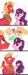 Size: 1000x2666 | Tagged: safe, artist:dstears, artist:jbond, edit, character:apple bloom, character:big mcintosh, character:scootaloo, character:sugar belle, character:sweetie belle, species:pegasus, species:pony, ship:sugarmac, episode:hard to say anything, g4, my little pony: friendship is magic, apple bloom the shipper, bad advice, color edit, colored, comic, cutie mark crusaders, cutie ship crusaders, dialogue, female, male, painting, scootaloo the shipper, shipper on deck, shipping, sign, simple background, simpsons did it, straight, sweetie the shipper, swiggity swooty, text, the simpsons