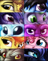 Size: 3000x3800 | Tagged: safe, artist:lupiarts, character:discord, character:dj pon-3, character:pinkie pie, character:princess luna, character:spike, character:spitfire, character:vinyl scratch, oc, species:alicorn, species:draconequus, species:dragon, species:earth pony, species:pegasus, species:pony, species:unicorn, crying, eyememe, female, glare, lidded eyes, looking at you, looking sideways, male, mare, nightmare luna, nose wrinkle, ori, ori and the blind forest, rain, raised eyebrow, spyro the dragon, wet