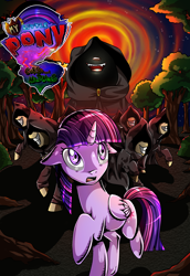 Size: 1800x2622 | Tagged: safe, artist:candyclumsy, character:twilight sparkle, character:twilight sparkle (alicorn), species:alicorn, species:pony, comic:curse and madness, cloak, clothing, comic, cover, cultist, dark, fanfic, fangs, female, forest, glowing mouth, logo parody, mare, mlpcam, night, ominous, portal, raised hoof, scared, semi-grimdark series, terrified