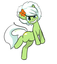 Size: 982x1107 | Tagged: safe, artist:moronsonofboron, oc, oc only, oc:sunny nebels, species:earth pony, species:pony, female, flower, flower in hair, looking at you, mare, simple background, smiling, solo, standing, standing on one leg