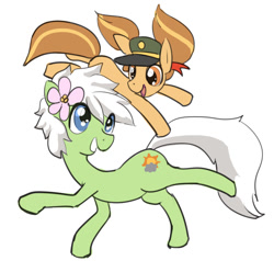 Size: 1004x955 | Tagged: safe, artist:moronsonofboron, oc, oc only, oc:dulce deleche, oc:sunny nebels, species:earth pony, species:pony, duo, female, flower, flower in hair, looking at each other, mare, simple background, smiling