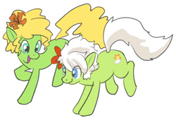 Size: 1003x681 | Tagged: safe, artist:moronsonofboron, oc, oc only, oc:sunny nebels, oc:tropicana, species:earth pony, species:pony, duo, female, flower, flower in hair, mare, simple background, smiling