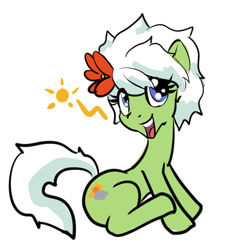 Size: 706x780 | Tagged: safe, artist:moronsonofboron, oc, oc only, oc:sunny nebels, species:earth pony, species:pony, female, flower, flower in hair, looking at you, mare, simple background, smiling, solo