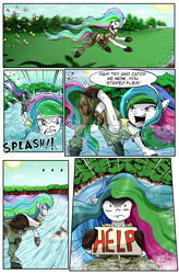 Size: 1800x2740 | Tagged: safe, artist:candyclumsy, character:princess celestia, species:earth pony, species:pony, comic:two sisters go camping, bee, comic, help, river, water, waterfall