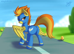 Size: 2500x1833 | Tagged: safe, alternate version, artist:skipsy, character:spitfire, species:pegasus, species:pony, clothing, dock, eyelashes, female, lidded eyes, looking back, outfit, plot, rear view, solo, spread wings, suit, the ass was fat, uniform, wings