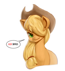 Size: 900x987 | Tagged: safe, artist:mrs1989, character:applejack, species:earth pony, species:pony, clothing, cowboy hat, dialogue, female, freckles, hair over one eye, hat, korean, mare, simple background, solo, speech bubble, stetson, white background