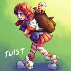 Size: 600x600 | Tagged: safe, artist:ninjaham, character:twist, species:human, backpack, candy, candy cane, clothing, female, food, humanized, socks, solo, striped socks, striped stockings