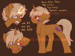 Size: 2000x1500 | Tagged: safe, artist:fkk, oc, oc only, oc:rikkistone, species:pony, species:unicorn, adoptable, auction, colored sketch, cutie mark, glowing horn, heterochromia, male, reference, reference sheet, simple background, sketch, solo, stallion
