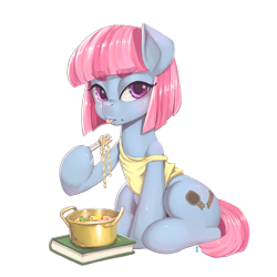 Size: 886x886 | Tagged: safe, artist:mrs1989, oc, oc:dust spoon, species:earth pony, species:pony, book, clothing, female, food, fork, hoof hold, noodles, pot, ramen, simple background, sitting, solo, tank top, tongue out, transparent background