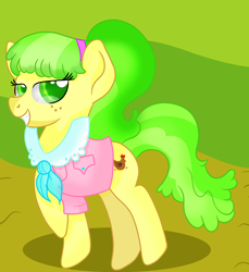 Size: 3200x3500 | Tagged: safe, artist:rainbowtashie, character:chickadee, character:ms. peachbottom, species:pony, commission, female, grin, mare, raised hoof, simple background, smiling, solo