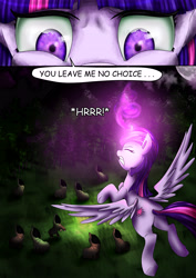 Size: 4299x6071 | Tagged: safe, artist:candyclumsy, character:twilight sparkle, character:twilight sparkle (alicorn), species:alicorn, species:pony, comic:curse and madness, absurd resolution, ambiguous gender, cloak, close-up, clothing, comic, cultist, dark, female, flying, forest, hooded cape, magic, mare, mlpcam, night, semi-grimdark series